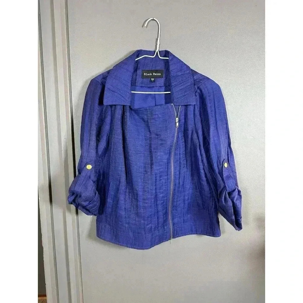 Royal Blue Black Rainn Linen Moto Asymmetric‎ Zip Front Jacket Women’s Size S